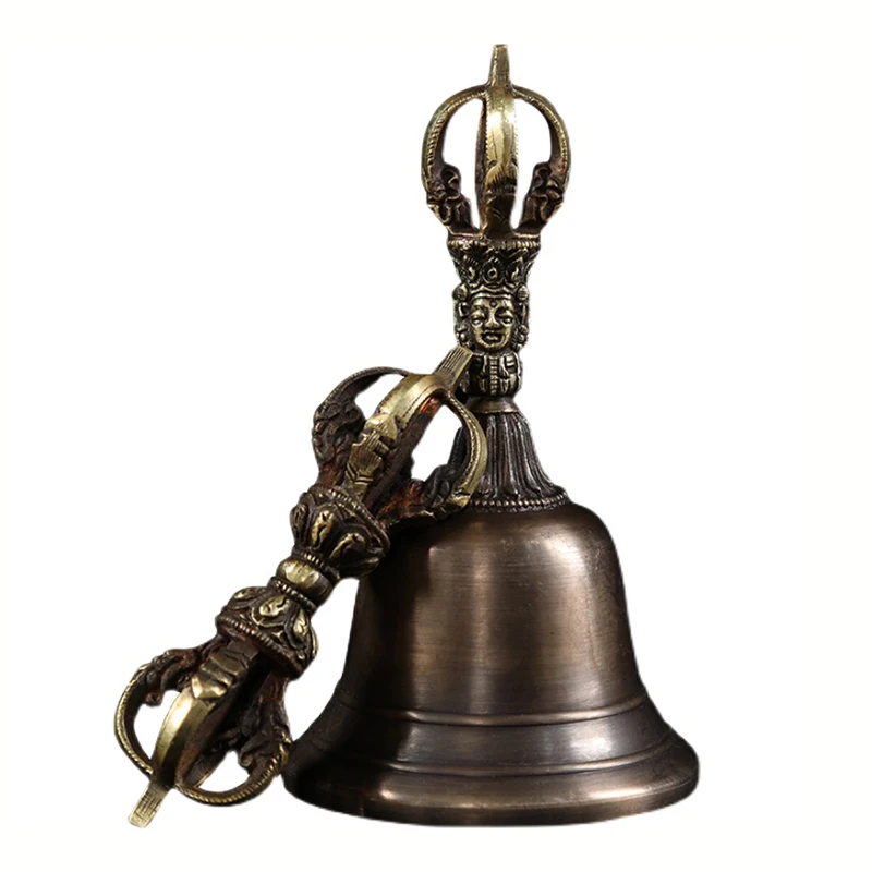 Nepal Handmade Tibetan Bells Chimes Vintage Brass Buddhist Meditation Bell with Dorje Vajra Hand Bell Sound Healing Instrument