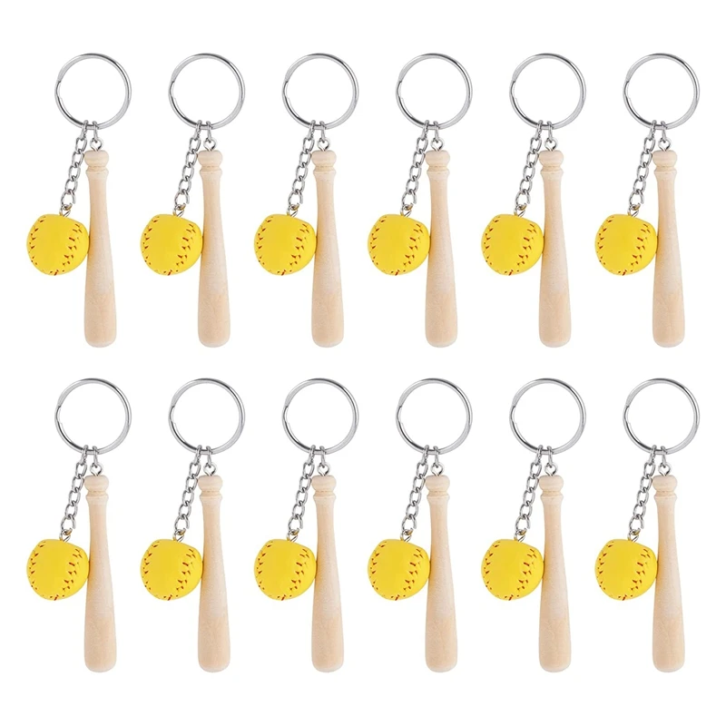 

12Pcs Wooden Baseball Bat with Mini Baseball Keychain Softball Keyring Sports Keychain for Team Gifts