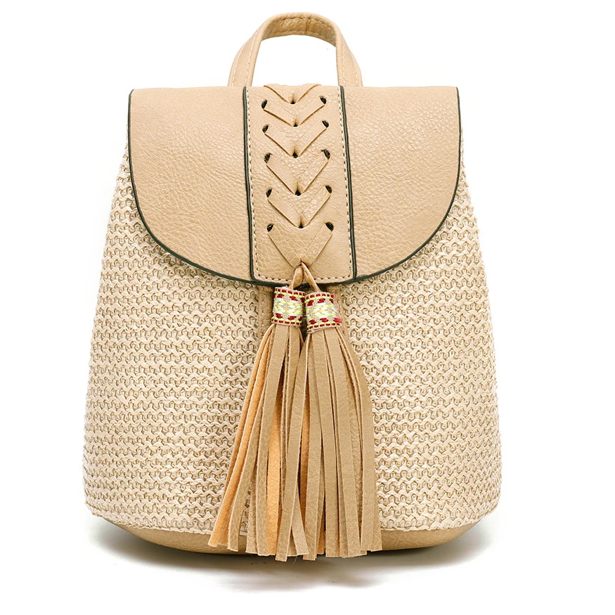 

2022 New Rattan Straw Woven Girls Backpack INS Hot Summer Vacation Beach Bags Tassel String Backpack