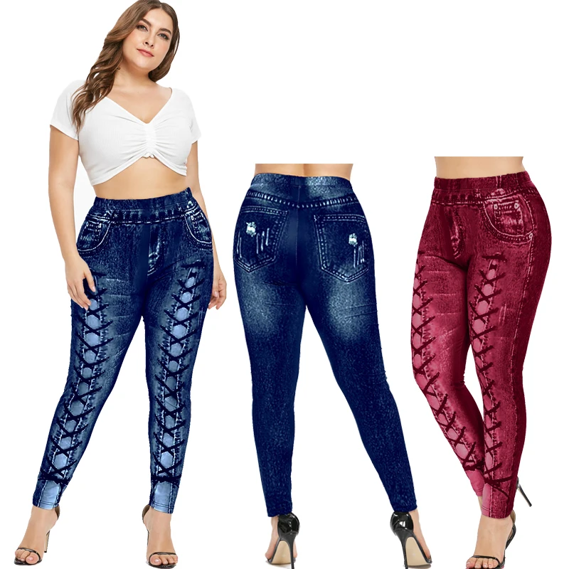 

Women High Waist Jeans Leggings High Waisted 3D Printed Super Strety Skinny Imitation Sport Push Up Fitness Slimly Pants S-5XL