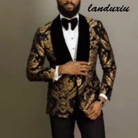 landuxiu jacquard floral tuxedo suits for men wedding slim and gold gentleman jacket with vest pant 3 piece male costume
