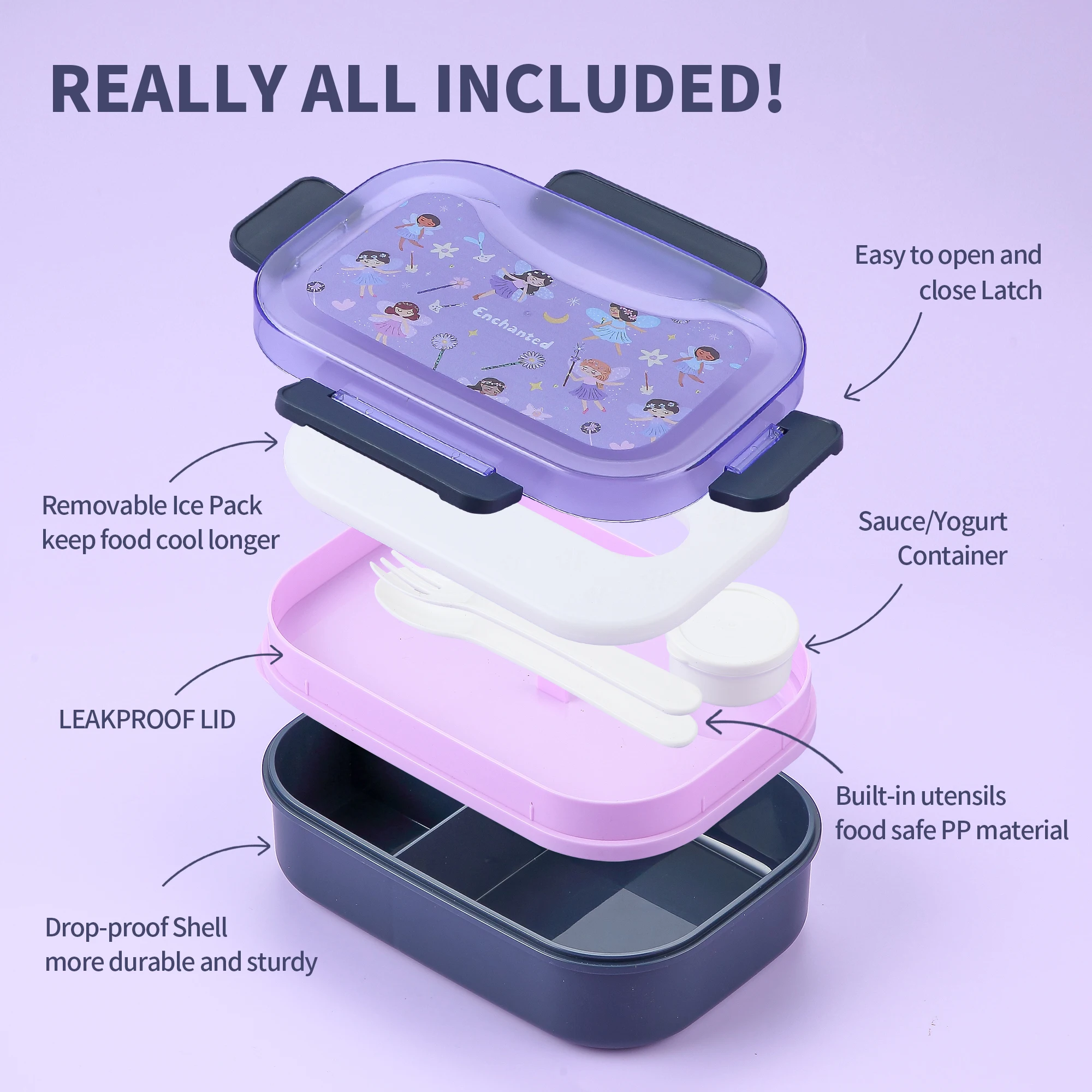Фото Фиолетовый ланч-бокс Magic Fairy Cartoon Bento — можно мыть в посудомоечной машине и микроволновой печи, идеально подходит для девочек и детей, ланч-бокс для пикника на открытом воздухе №5