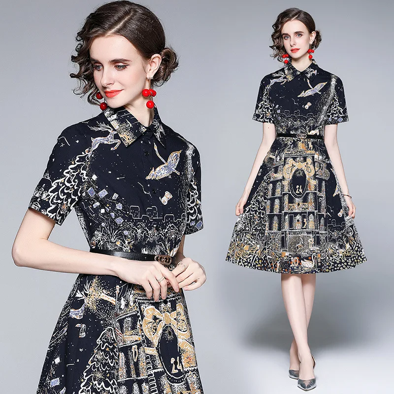 

Женское модельное винтажное платье средней длины, Повседневное платье с принтом и коротким рукавом