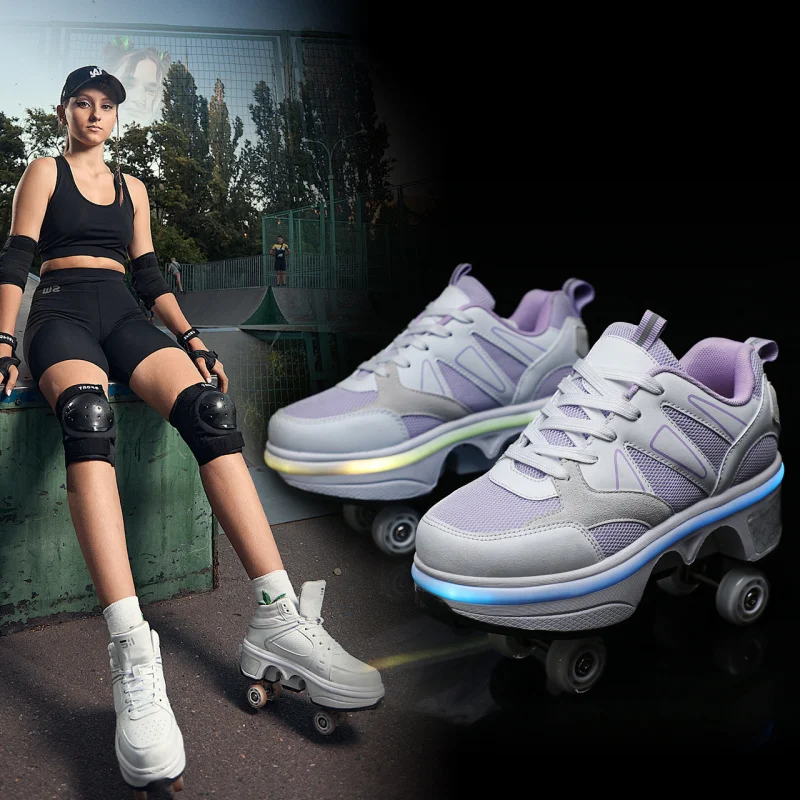 Four-Wheel Dual-Use Heelys Removable Dual-Row Seven-Color Atmosphere Breathing Light Roller Wheels Skates