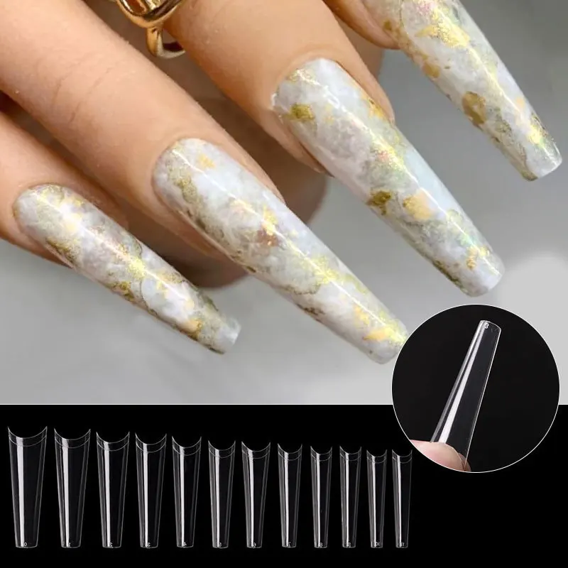 

240 Pcs Extra Long Fake Nails Nail Tips XXL Ballerina French False Nails Clear Crystal Acrylic Nail Coffin Shape Super Long Nail
