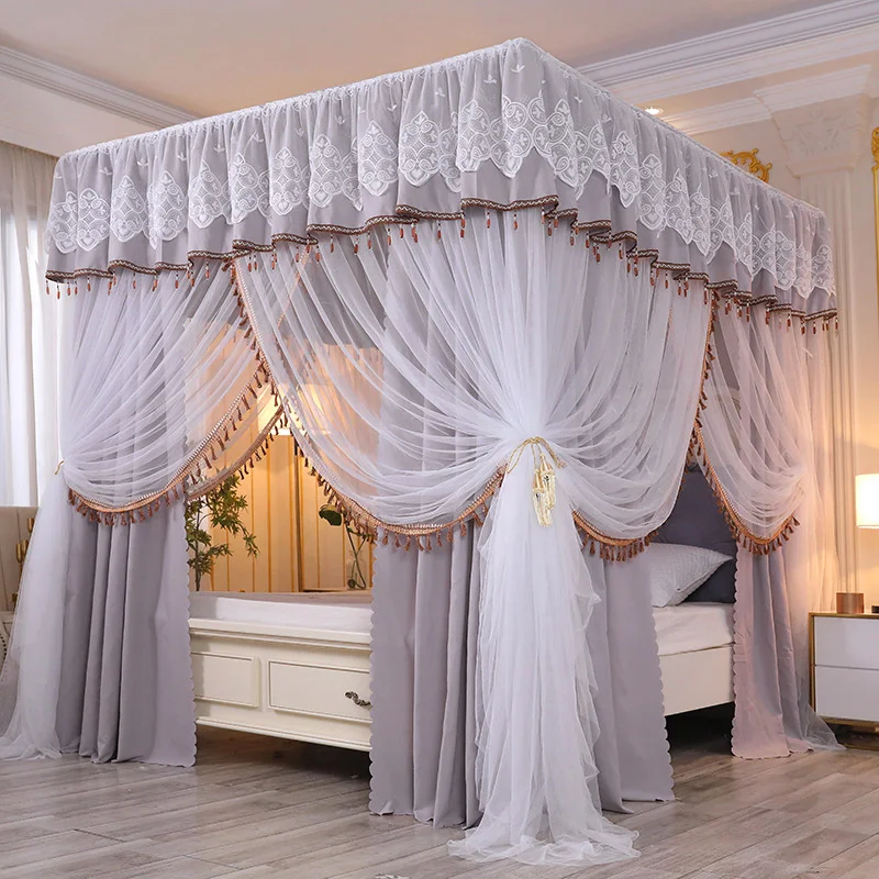 

Luxury Gray Pink Double-deck Romantic White Lace Shading Bed Mantle Princess Style Floor-standing mosquito net Room Decoration