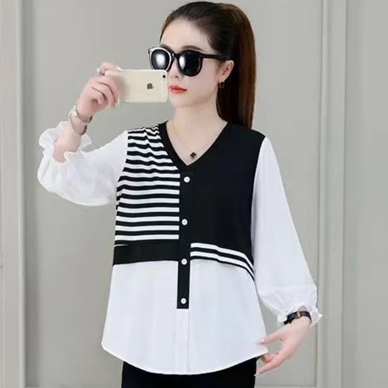 Fashion Loose Folds Fake Two Pieces Striped Blouse Women's Clothing 2023 Spring Summer New Casual Pullovers Asymmetrical Shirt