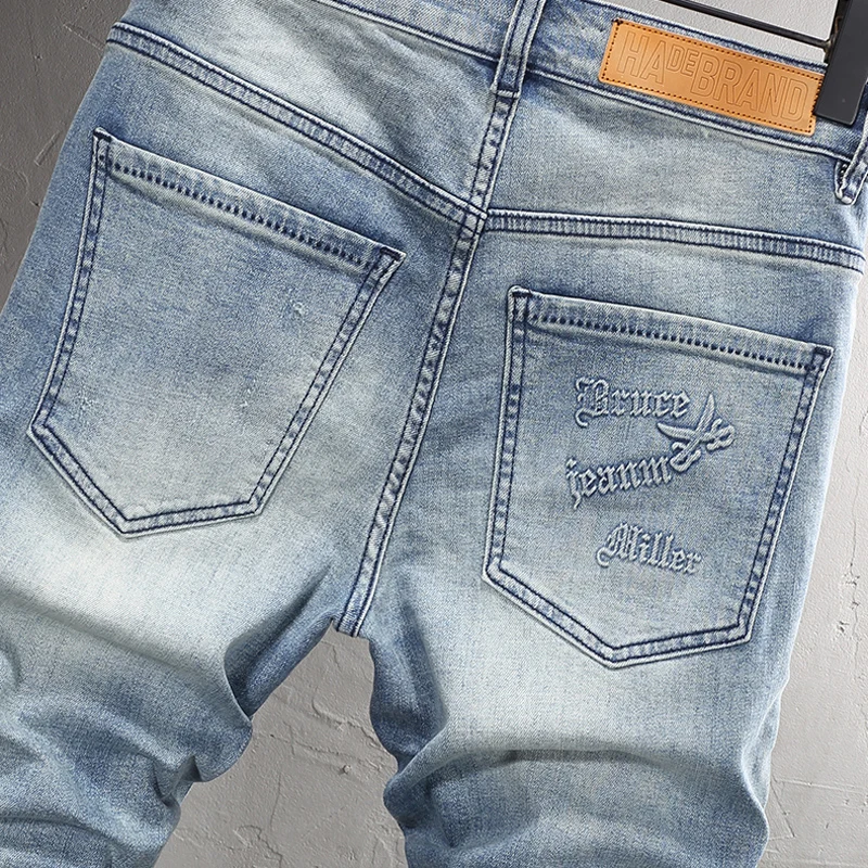 Summer Vintage Fashion Men Jeans Retro Washed Blue Elastic Embossed Designer Short Jeans Homme Street Hip Hop Denim Shorts Men
