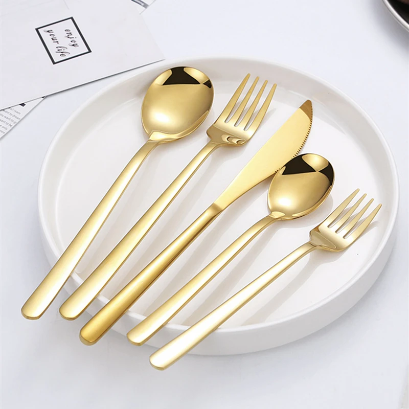 

30Pcs 24Pcs Korean Style Shiny Gold Dinnerware Set Stainless Steel Smooth Black Cutlery Set Mirror Silver Dinnerware Set
