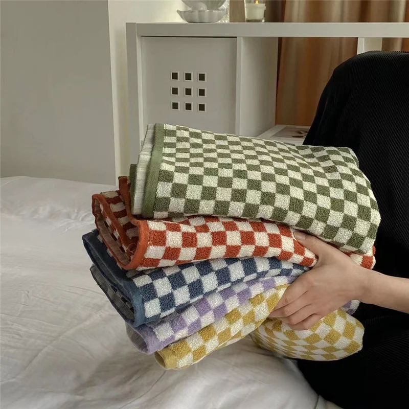 

Retro Plaid Pure Cotton Beach Bath Towel Striped Absorbent Face Bathroom Towel Sets Home Hotel Outdoor Comfortable Towels