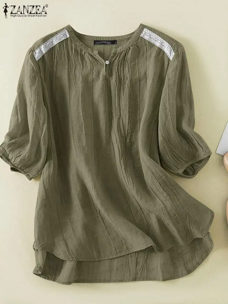 

Блузка ZANZEA Женская в стиле пэчворк, элегантная повседневная туника с рукавом 3/4 и V-образным вырезом, Офисная рубашка, большие размеры, весна-осень