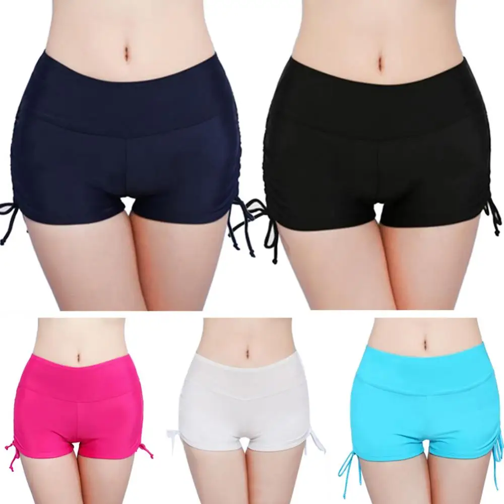 

Summer Beach Women Solid Color Bikini Bottom Side Pleated Bandage Swim Shorts Sport Women Gym Leggings
