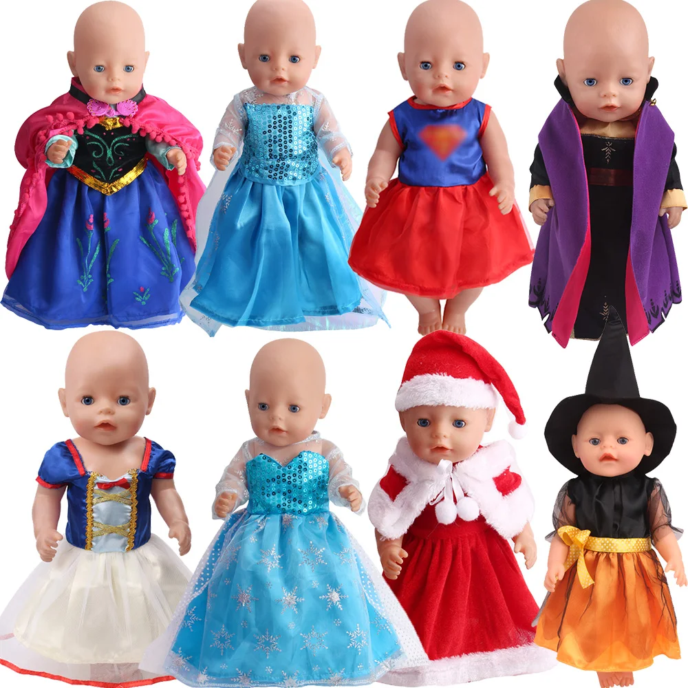 

New Blue Princess Dress Ice Sequin Dress Set Fits 43 Cm Newborn Baby Doll Toy Accessories for 18 Inch Girl Doll Kids Gifts