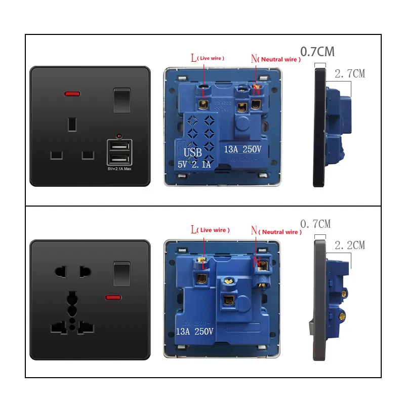 Depoguye 13A wall socket uk ,220V To USB plug outlet, Electrical Wall socket with USB Charger, Black UK Standard Switch Panel images - 6