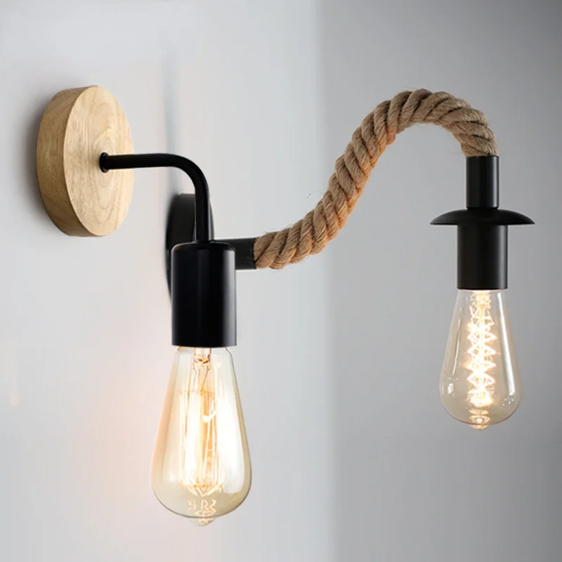 

Vintage Hemp Rope Wall Lamp Wood Wall Lamp E27 110V 220V Indoor Loft Outdoor corridor Wall Lights Industrial Sconce Bedside Lamp