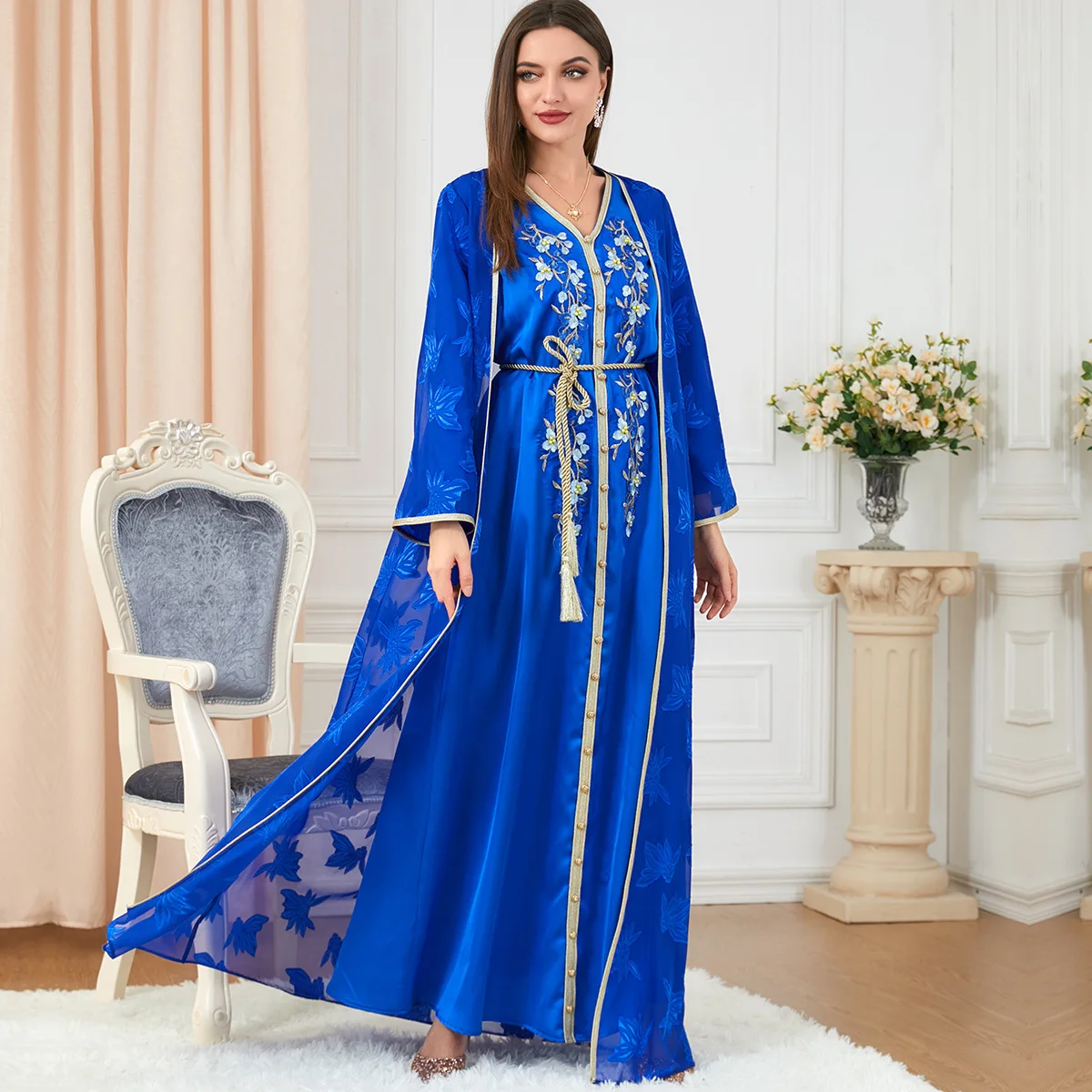 Eid Ramadan Morocco Muslim Women Dress Abaya 2 Piece Set Kaftan V-Neck Maxi Long Sleeve Arabic Turkey Dubai Luxury Evening Robe