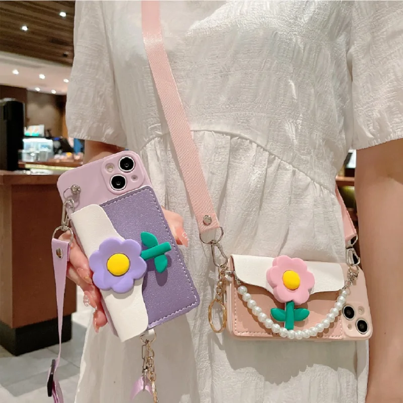 

Card Bag Phone Case Crossbody Suitable for iPhone X XS XR 12 13 14 Pro MAX Portable Beaded Chain Full Cover Anti Drop Case