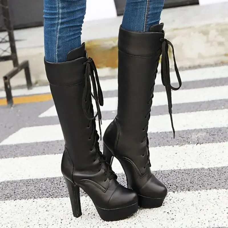 New Fashion Small Big Size 31-45 Woman Boots Autumn Winter Warm Lace Up High Heels Long Women Shoes