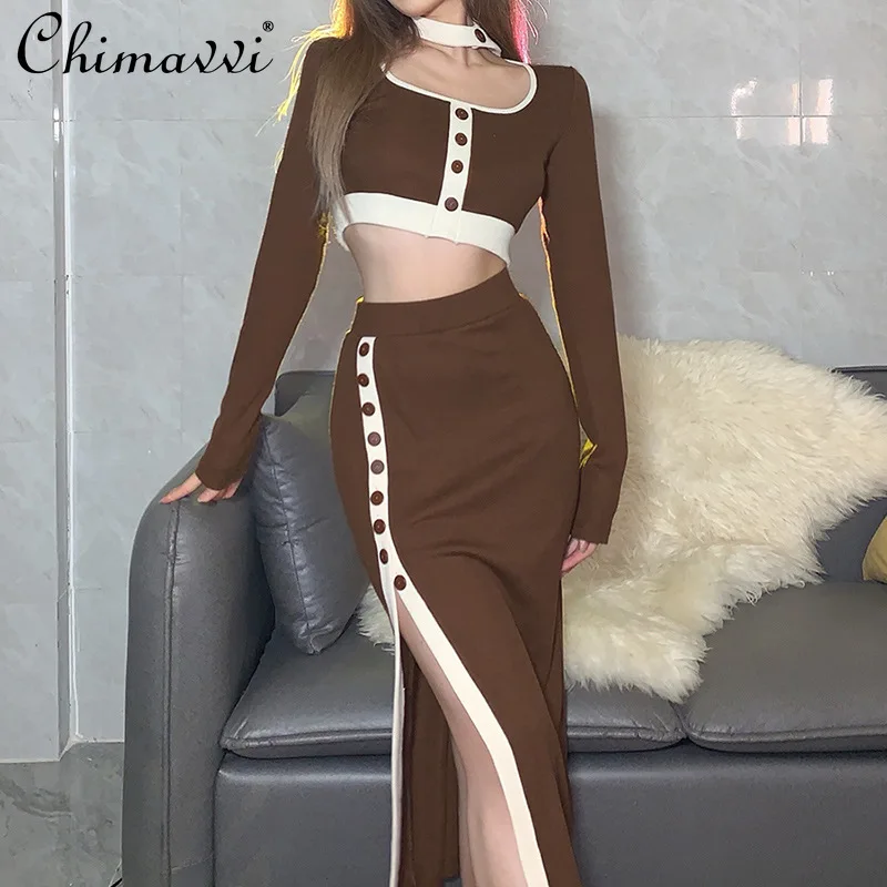 

2 Piece Set Women Skirt and Top 2022 New Spring Sexy Slim Fit T Shirt High Waist Split Long Skirt Lady Designer Two Piece Set