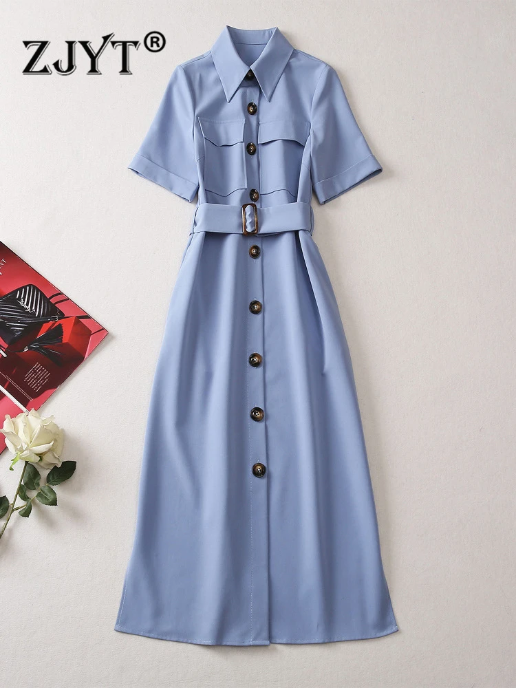 

ZJYT Elegant Office Lady Midi Shirt Dress Women Summer 2023 Short Sleeve Single Breasted Buttons Blue Vestidos Turn Down Collar