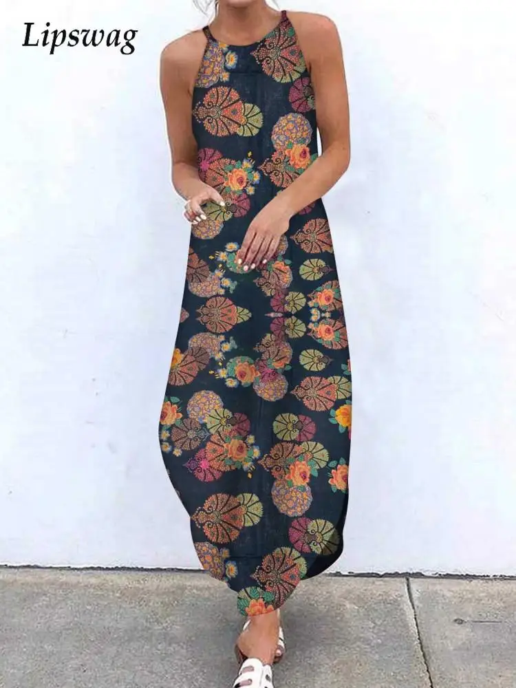 

Модное женское летнее Элегантное Длинное Платье с бретелькой через шею без рукавов винтажное свободное платье с открытой спиной женское По...