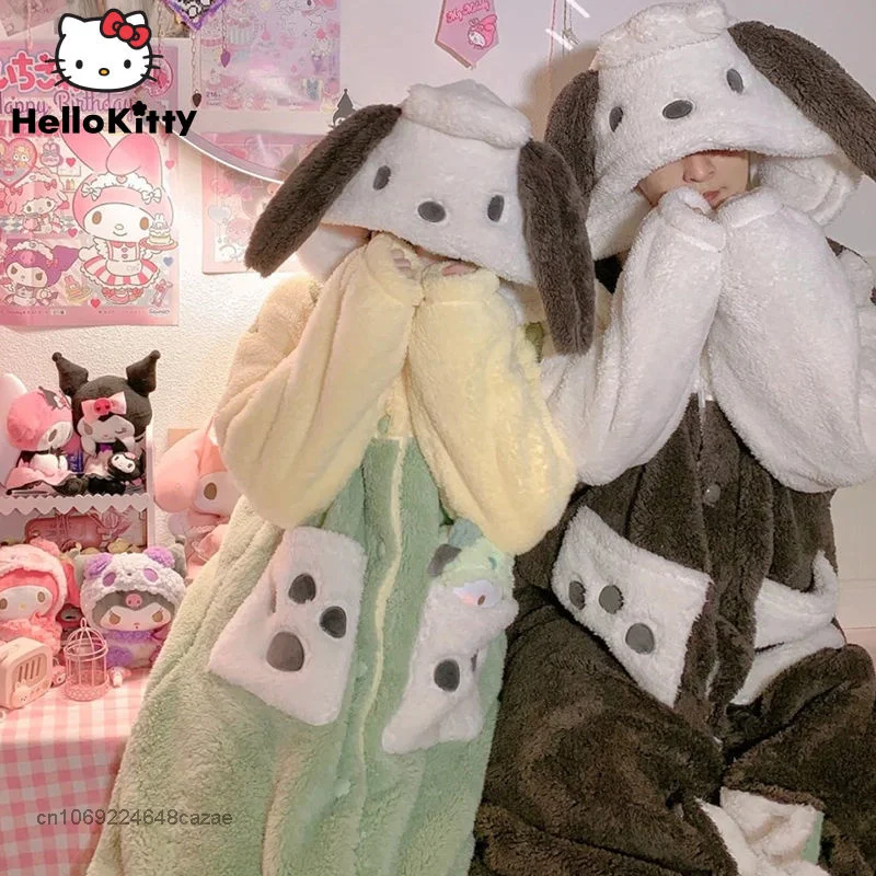 

Sanrio Pochacco Kawaii Flannel Warm Pajamas Couple College Style Nightgown Cute Student Long Coral Velvet Home Garment For Women