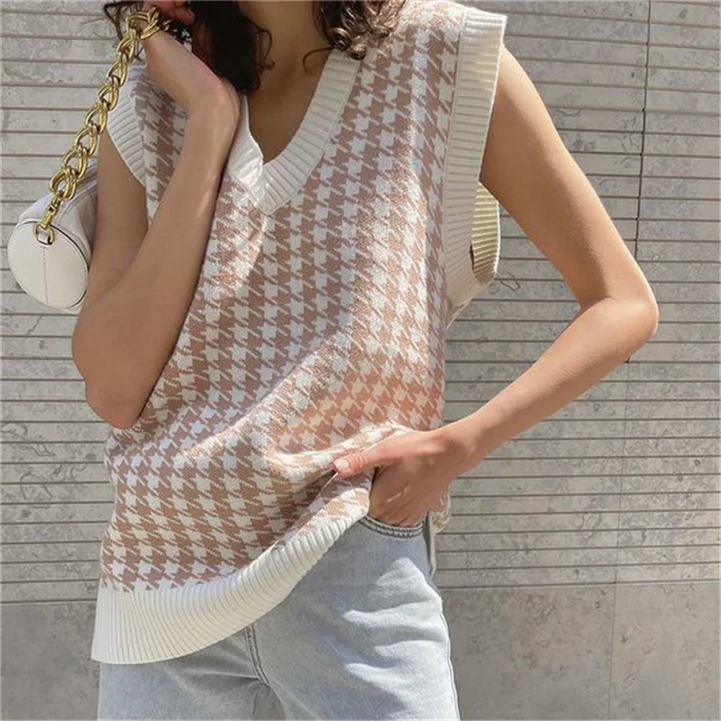 

Casual Loose sleeveless vest sweater 2021 autumn winter women's houndstooth knitted vest V-neck sleeveless pullover sweater vest
