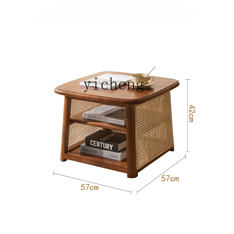 

ZC Square Coffee Table Size and Height Combination Vintage Solid Wood Rattan Square Side Table Small Low Table