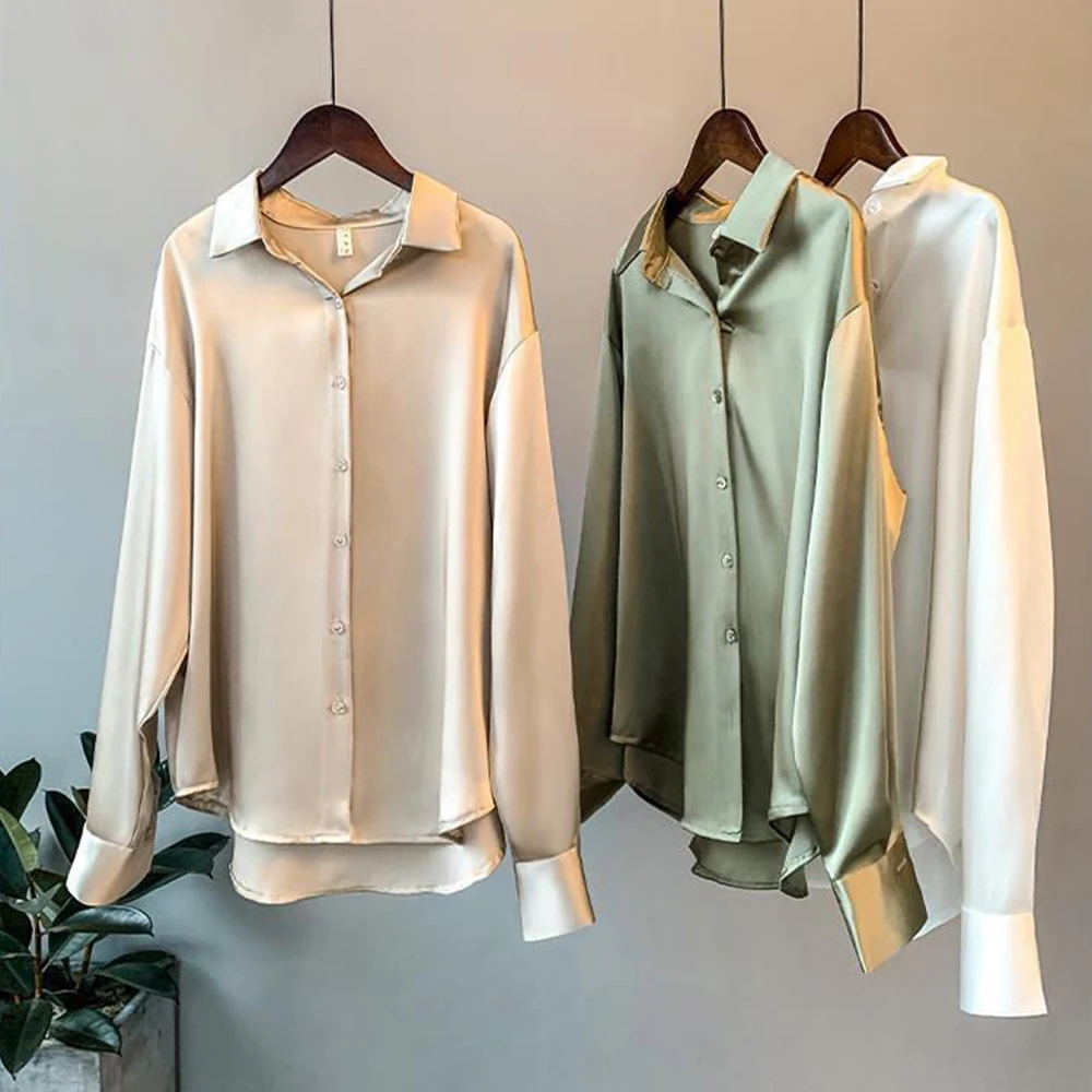 

Spring Lady Fashion Button Up Satin Silk Shirt Vintage Blouse Women White Lady Long Sleeves Female Solid Loose Street Shirts