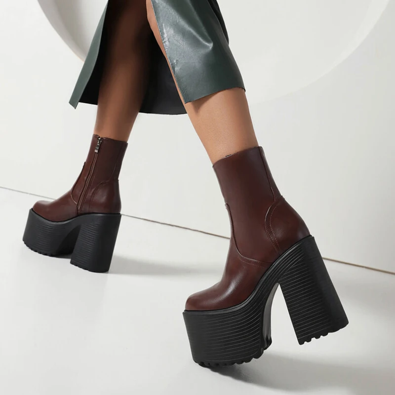 Side Zipper Women Thick Sole Short Boots Block Medium Heels Shoes Round Toe High Platform Booty US Size 11 Pumps