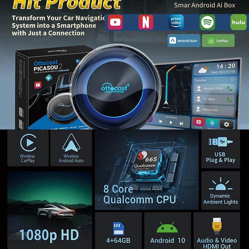 OTTOCAST PICASOU 2 беспроводной адаптер CarPlay Android Auto HDMI мультимедийный видеоконвертер Ai Box