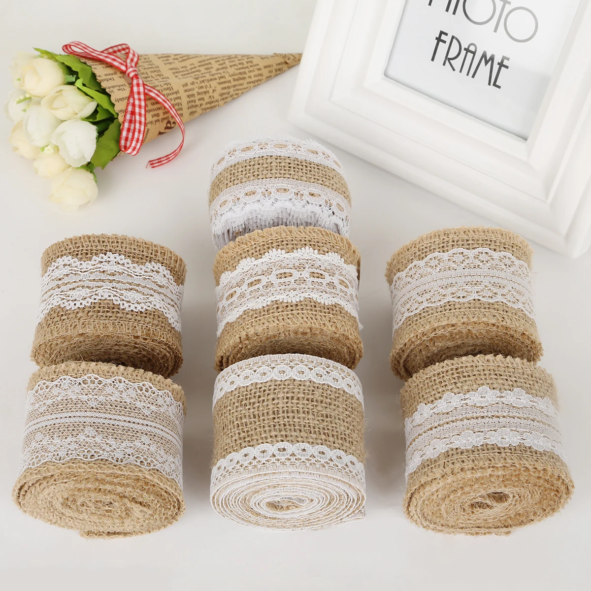 2M/Roll Width 5cm Natural Jute Rolls Burlap Hessian Ribbons with Lace Vintage Rustic Wedding Decor Ornament Party DIY Supplies