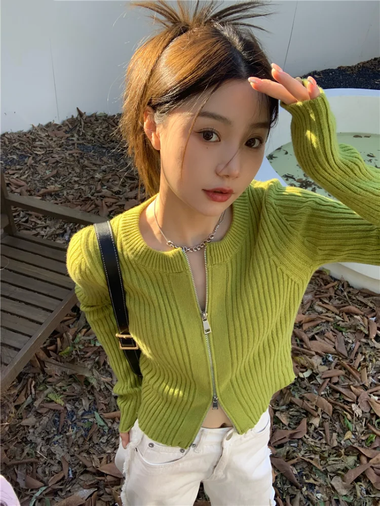 

Y2k Double Zip Up Cropped Cardigan Jacket Women 2023 New Autumn Knitted Long Sleeve Sweater Coat Harajuku Korean Vintage Outwear