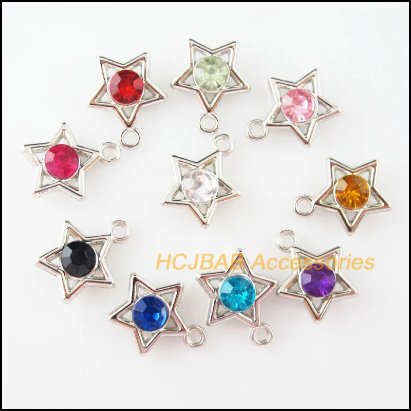 

Fashion 30Pcs Dull Silver Plated Mixed Crystal Star Frame Charms Pendants 15x17mm