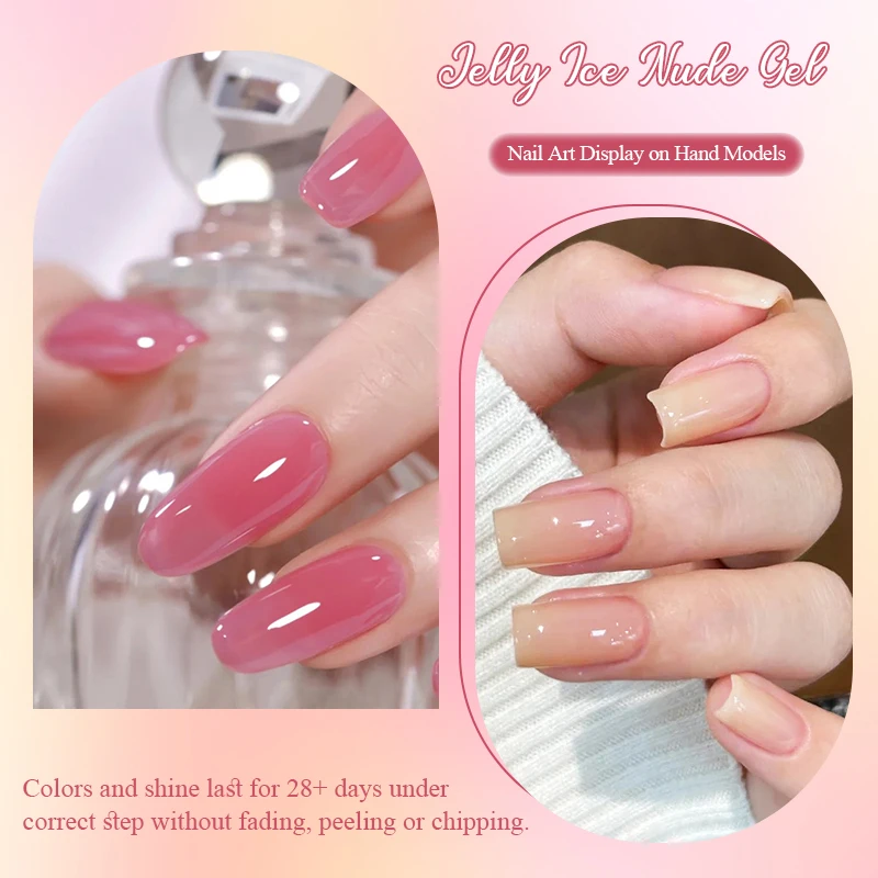 Фото Гель-лак Jely Ice Gel, полупрозрачный, с эффектом стекла, нюдово-розовый, снимаемый, УФ-гель-лак для летнего маникюра и дизайна ногтей №5