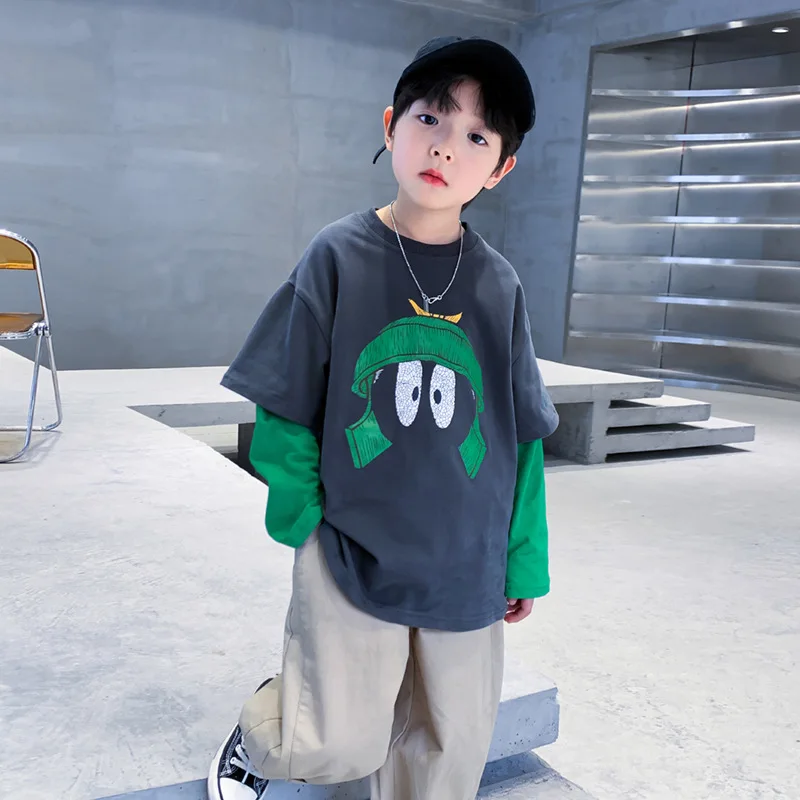 

Свитшоты для мальчиков-подростков, серый хлопковый пуловер, спортивные топы, Детская футболка с длинным рукавом и мультяшным принтом на весну и осень, 4, 6, 8, 10, 12, 14 лет