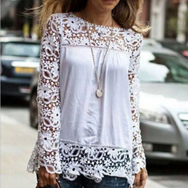 

Lace Hollow Out Fashion Tops Spring Women Elegant O-Neck Solid Color Plus Size Long Sleeve T-Shirts Vintage Casual Work Clothing