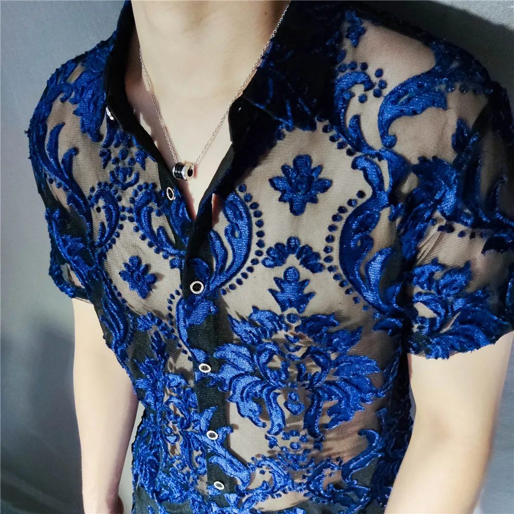 2022 Transparent Blue Floral Shirt Masculine Soft Velvet Slim-fit Men's Clothing Nightclub Short-sleeved Sexy Shirt See Through