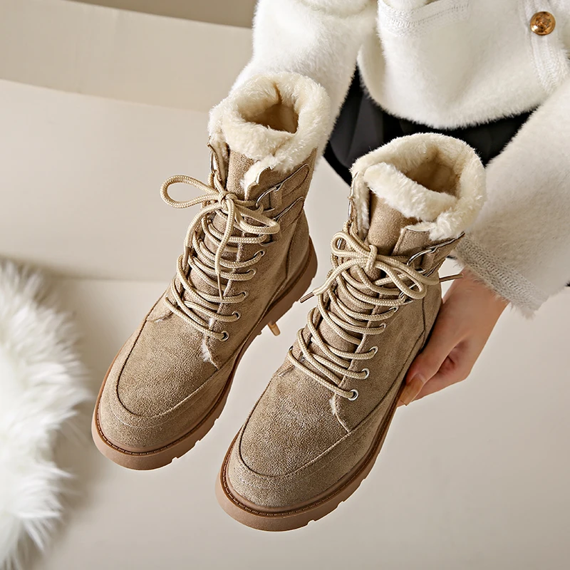 Женские зимние ботинки из натуральной кожи, Нескользящие ботильоны на  плоской подошве из коровьей кожи, теплые черные ботинки | AliExpress