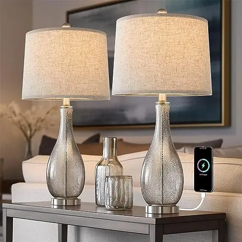 

Table Lamps Set of 2 for Living Room 24.5" Modern Nightstand Lamp with Fabric Shade Glass Bedside Lamp for Bedroom Kid's