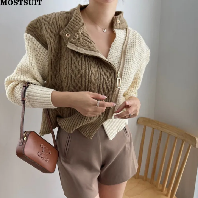 

Корейский Стильный свитер на молнии, пальто, женский модный шикарный пуловер контрастных цветов, утепленная свободная вязаная куртка с дли...