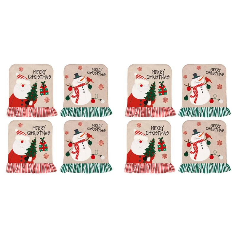 

Чехлы на стулья рождественские, набор из 8 чехлов с Санта-Клаусом, снеговиком, шапкой, рождественские чехлы на спинки стула на Рождество, дом...