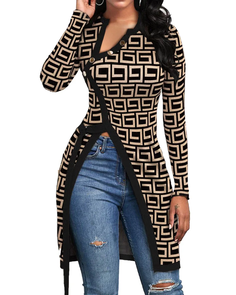 

2022 Autumn Sexy Asymmetrical Round Neck Retro Print Young Full Sleeve Women Skinny High Waist X-Long Spit Tees