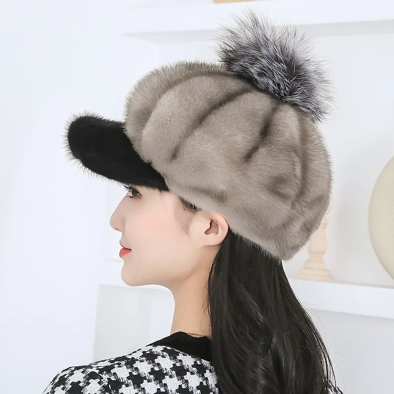 Winter Ear Protection Plush Cap For Women High Quality Fox Hairball Decorated Mink Fur Cap Elegant Soft Fluffy Cap