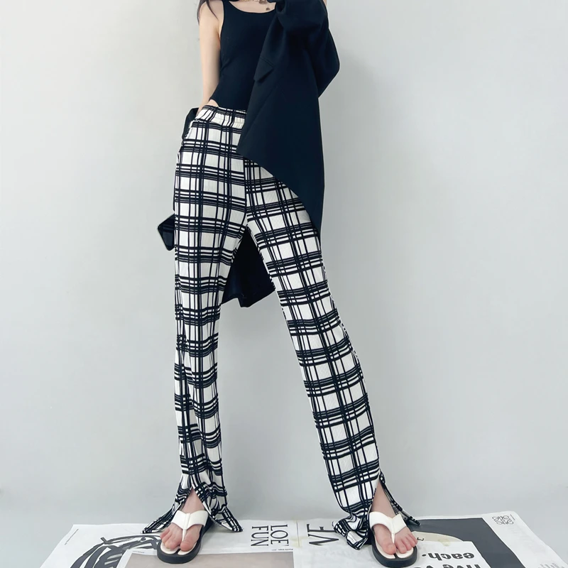 

Elastic High-waisted Pleated Plaid Micro Horn Split Pants Womens Spring Summer Fashion Pure Colour Straight Thin Trousers Female