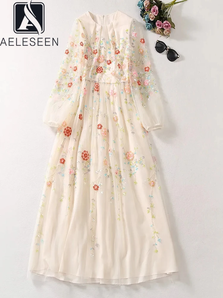 

AELESEEN Runway Fashion Long Dress Women Spring Autumn Mesh Flower Embroidery Beading Sequined Elegant Party Holiday