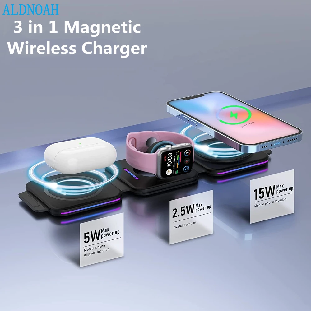 

Беспроводное зарядное устройство 3 в 1, магнитная док-станция для быстрой зарядки iPhone 13, 12, 11, X, Apple Watch, iWatch 7, 6, AirPods Pro, 15 Вт