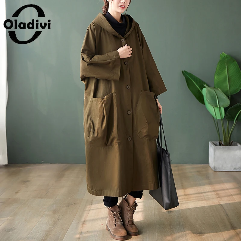 

Тренчкот Oladivi женский оверсайз с длинным рукавом, повседневное Свободное пальто, Новинка осени 2022, модная женская верхняя одежда 366 5XL 6XL 7XL 8XL