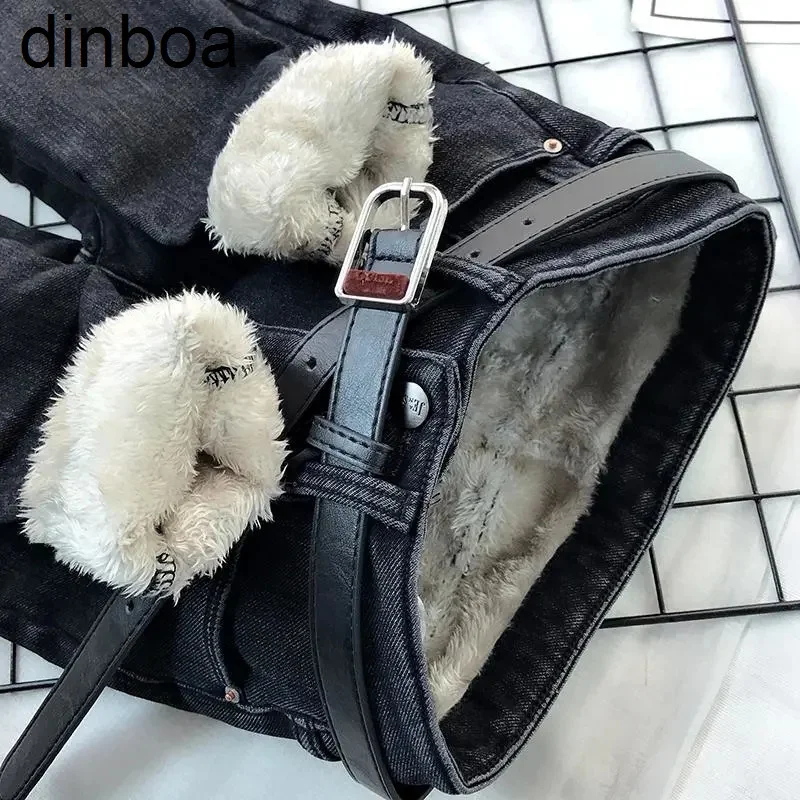 

Черные и серые винтажные кашемировые джинсы Y2k, женские зимние джинсовые брюки-карандаш с высокой талией, модные плотные флисовые облегающие брюки в стиле панк для женщин