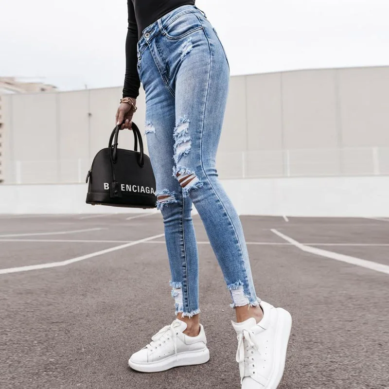

Fashion Casual High Waist Slim Denim Trousers Women 2021 Summer Elegant Ripped Hole Pencil Long Pants Solid Jeans XXL Streetwear